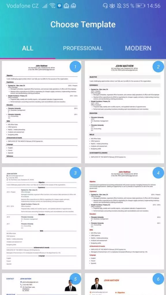 Životopis - telefon - šablony