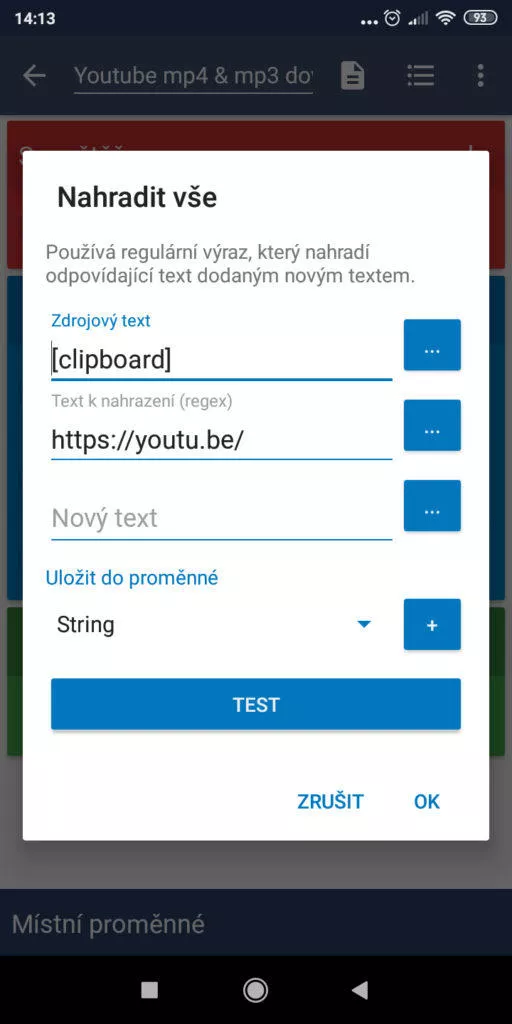 Automatizace - stáhnout z YouTube - Akce nahradit text nastavení 2
