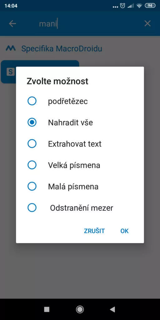 Automatizace - stáhnout z YouTube - Akce nahradit text nastavení