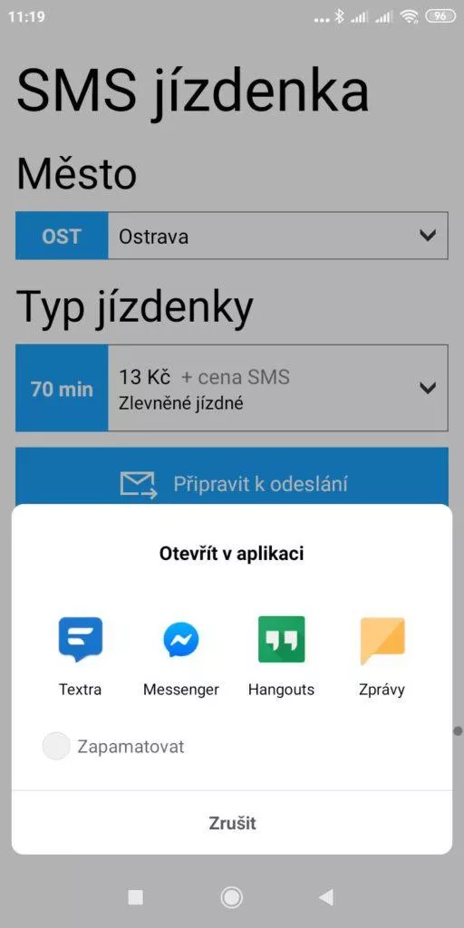 Výběr aplikace k odeslání
