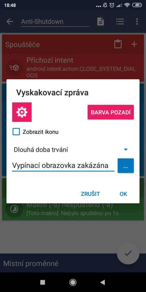 Zablokovat vypínací obrazovku - vyskakovací okno nastavení