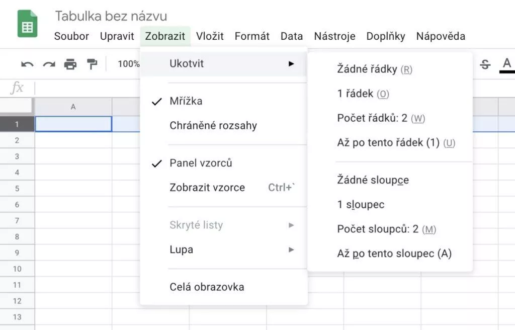 Tabulky Google ukotvení řádku