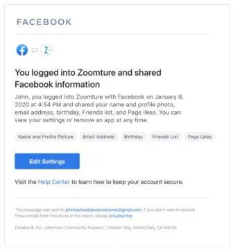 přihlašovací notifikace na Facebooku náhled