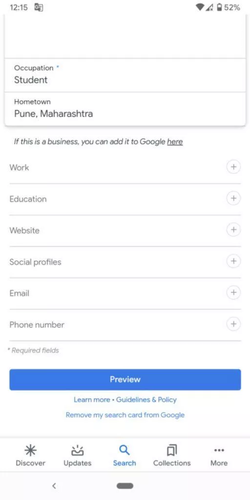profilové karty Google vyhledávání screen 2