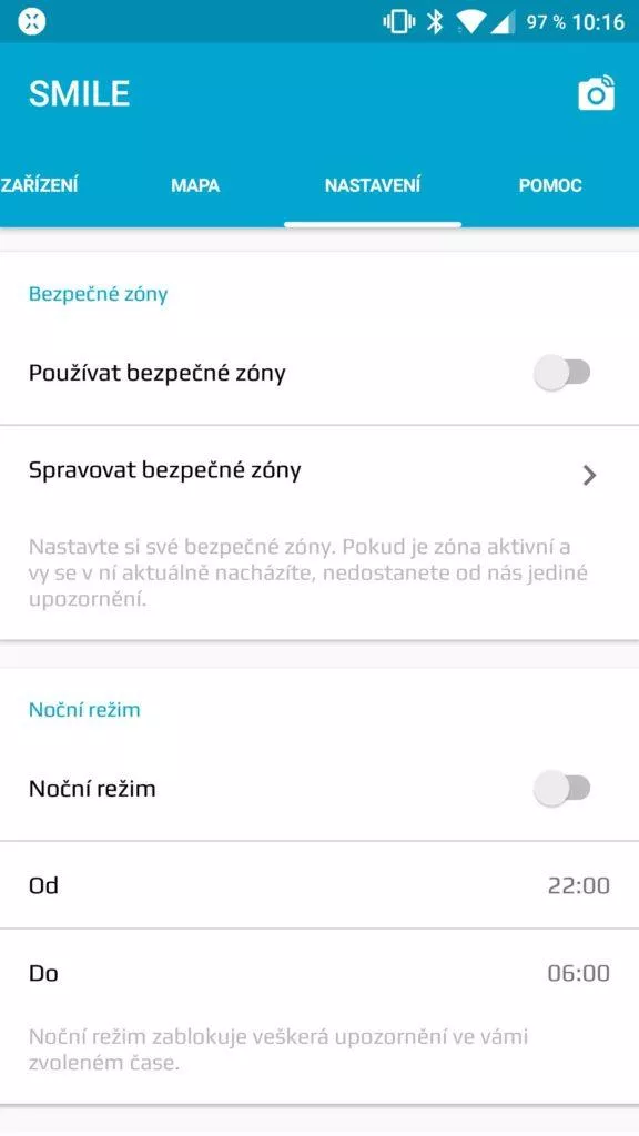 Aplikace Fixed Smile bezpečné zóny noční režim