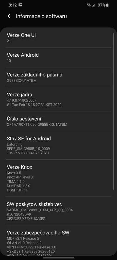 Samsung One UI 2 informace o systemu