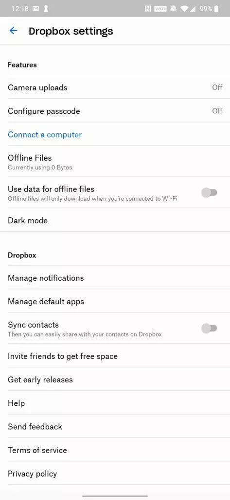 aplikace Dropbox tmavý režim screen 1