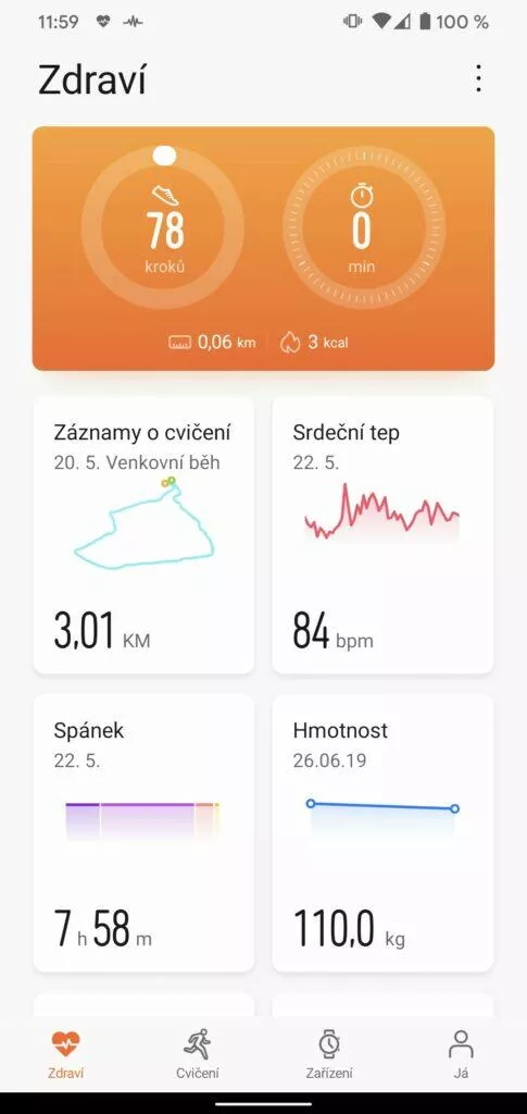 aplikace Huawei Health Zdraví hlavní obrazovka