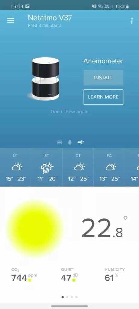 aplikace Netatmo Weather prázdná karta anemometru