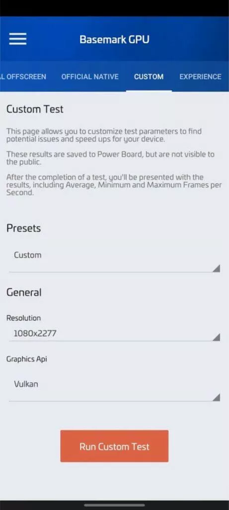 benchmarky pro Android Basemark GPU vlastní nastavení