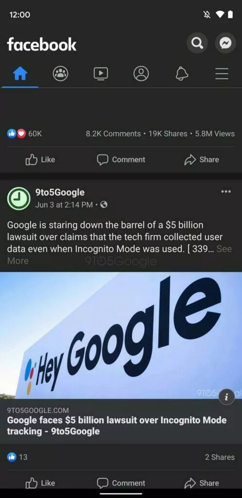 Facebook aplikace tmavý režim design screen 1