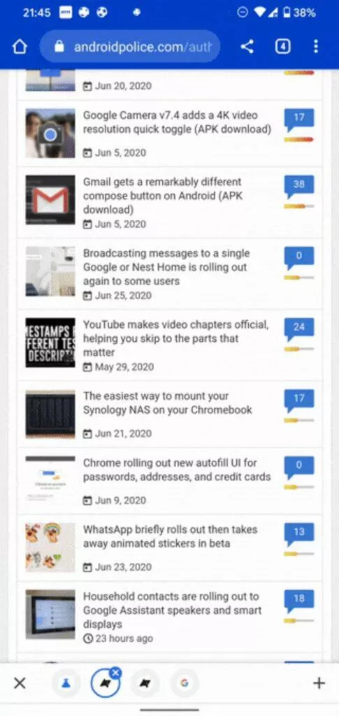 spodní lišta s kartami Chrome ukázka
