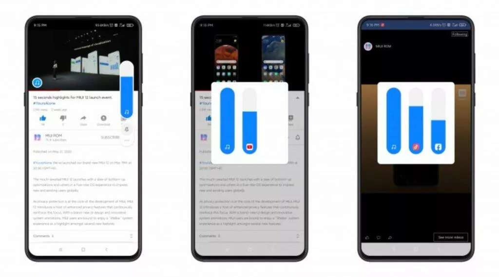 zvukový asistent v MIUI 12 posuvníky