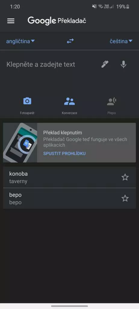 1 překlad klepnutím Google Překladač nabídka