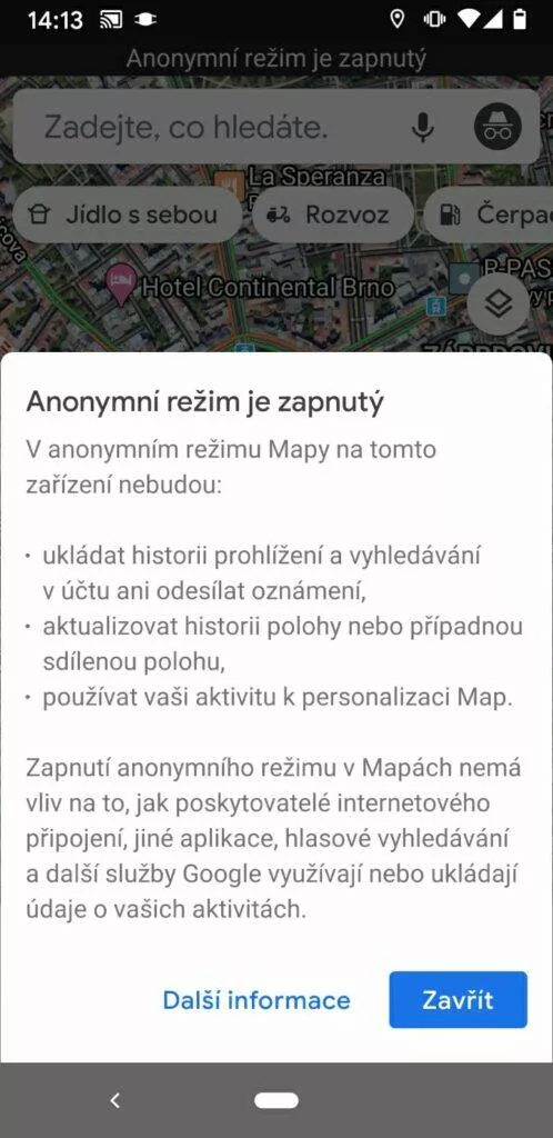 Google mapy anonymni rezim zapnuty