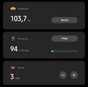 hmotnost potraviny kofein Samsung Health screen