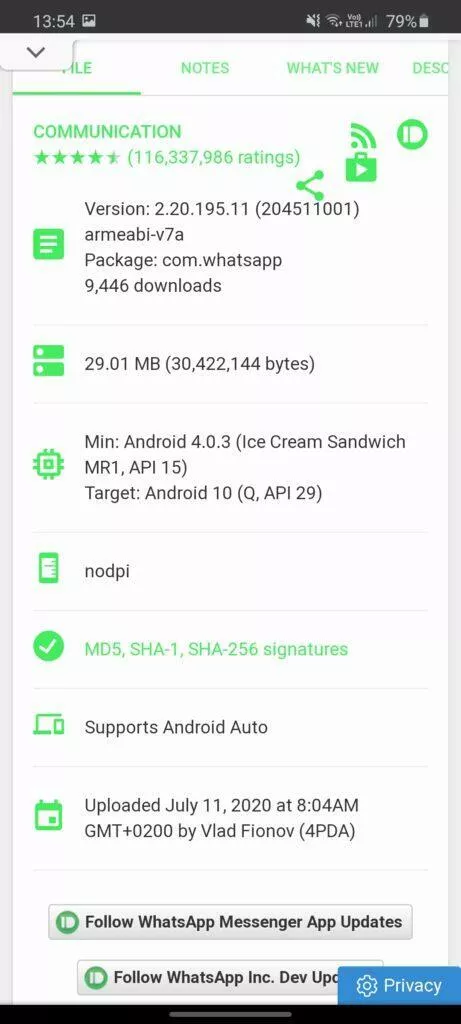 instalce starší verze aplikace APKMIrror popis verze