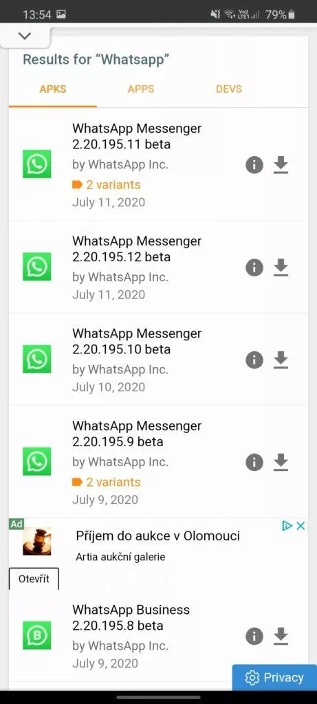 instalce starší verze aplikace APKMIrror výběr verze