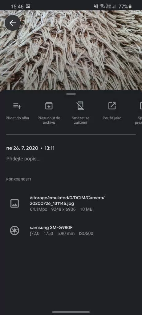 úspora místa fotografování natáčení porovnání 64 Mpx foto