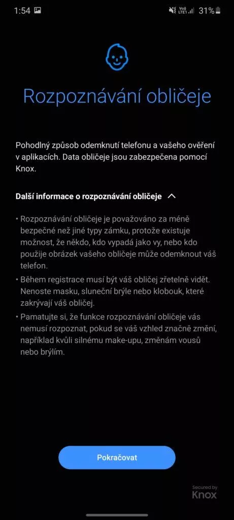 rozpoznávání obličeje nastavení