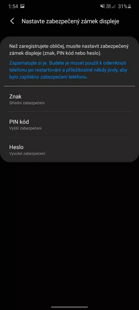rozpoznávání obličeje PIN