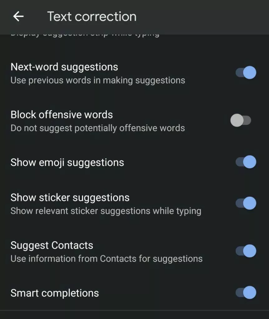Gboard nové zadávání dokončování vět smart completions zapnutí