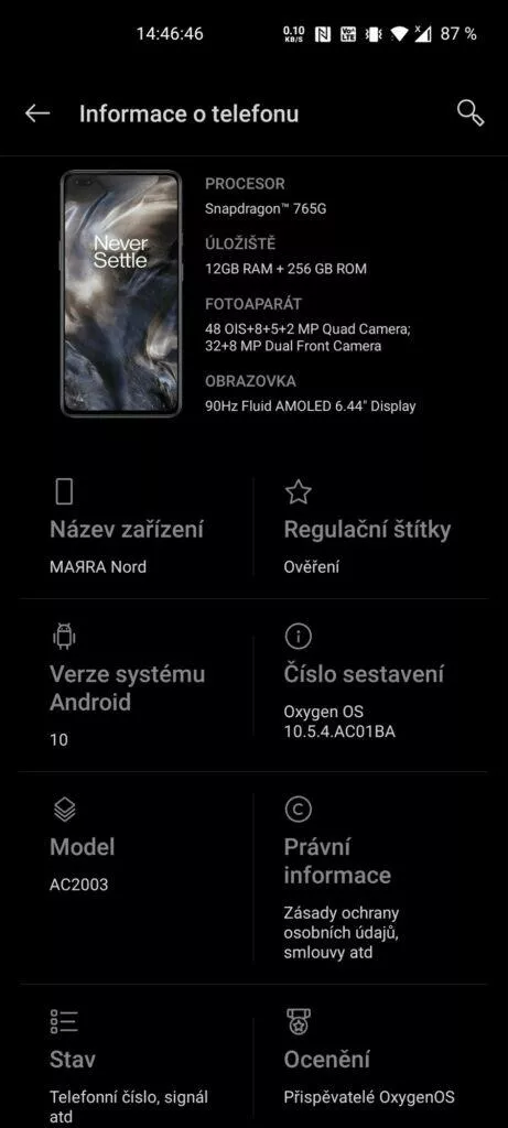 OxygenOS informace o telefonu