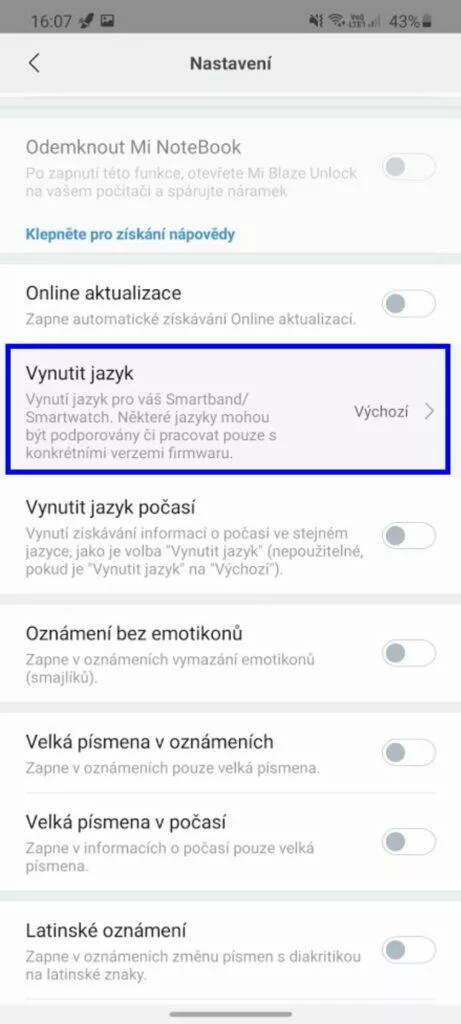 Xiaomi Mi Band 5 čeština Mi Fit vynutit jazyk