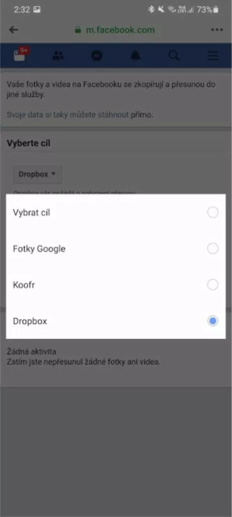 Facebook přenos fotek Fotky Google Dropbox aplikace výběr cíle