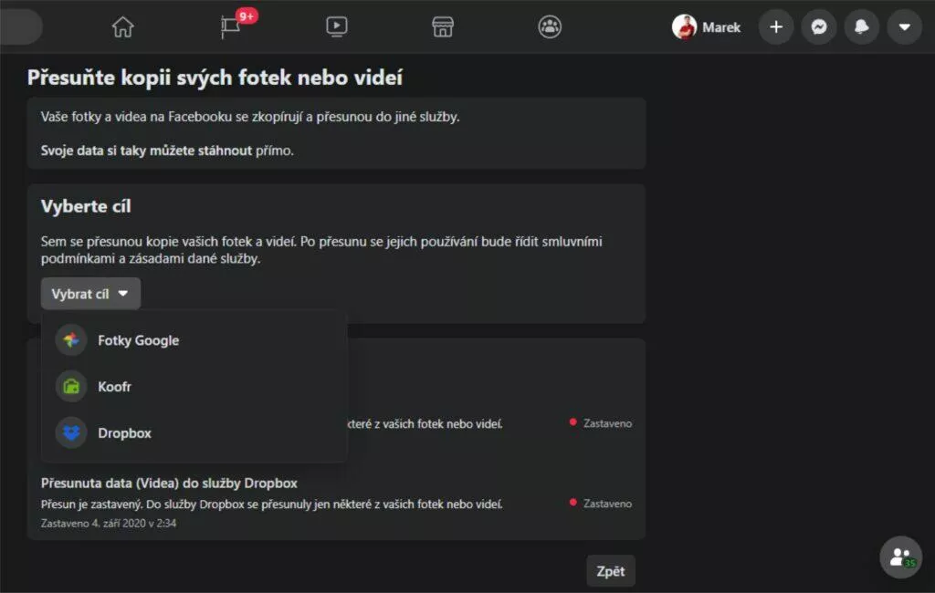 Facebook přenos fotek Fotky Google Dropbox desktop výběr cíle