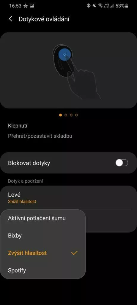 Galaxy Wearable dotykové ovládání
