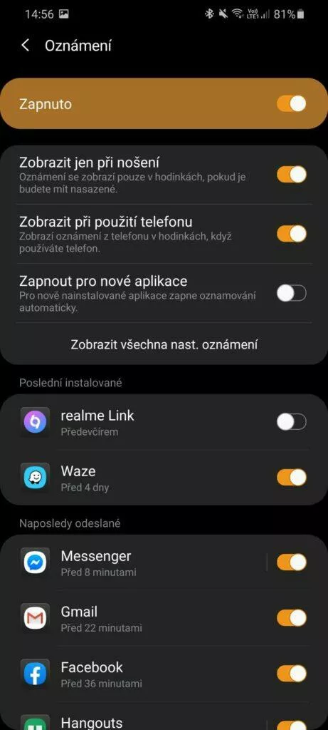 Galaxy Wearable nastavení notifikací