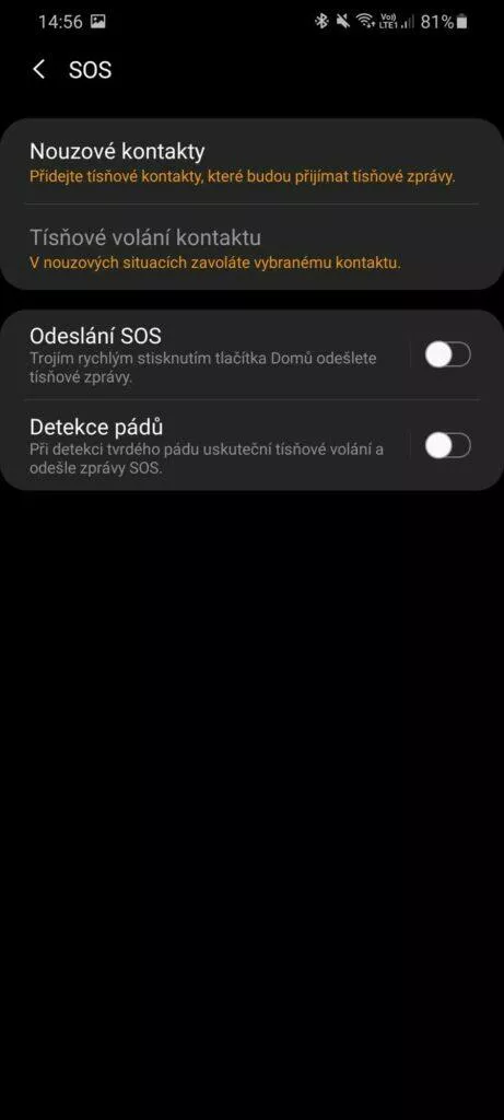 Galaxy Wearable SOS funkce pád přivolání pomoci