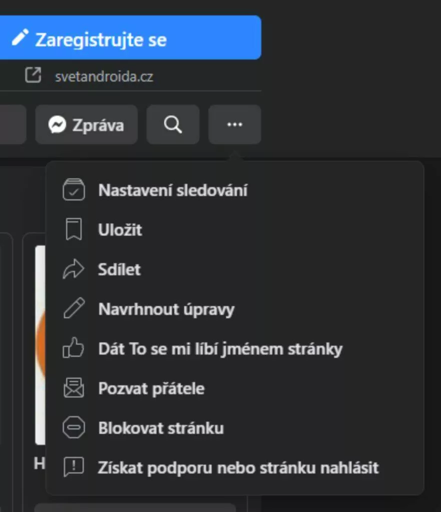 Jak sledovat Svět Androida Facebook menu