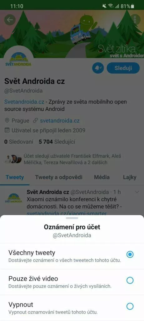 Jak sledovat Svět Androida Twitter možnosti upozornění