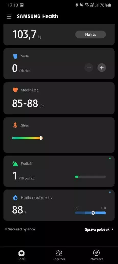 Samsung Health přehled spodní karta