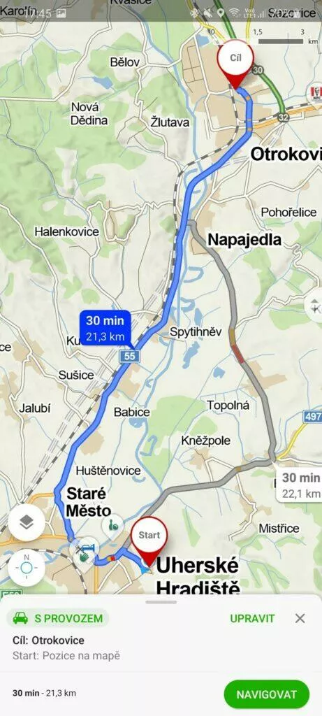výběr alternativních tras Mapy.cz aplikace auto