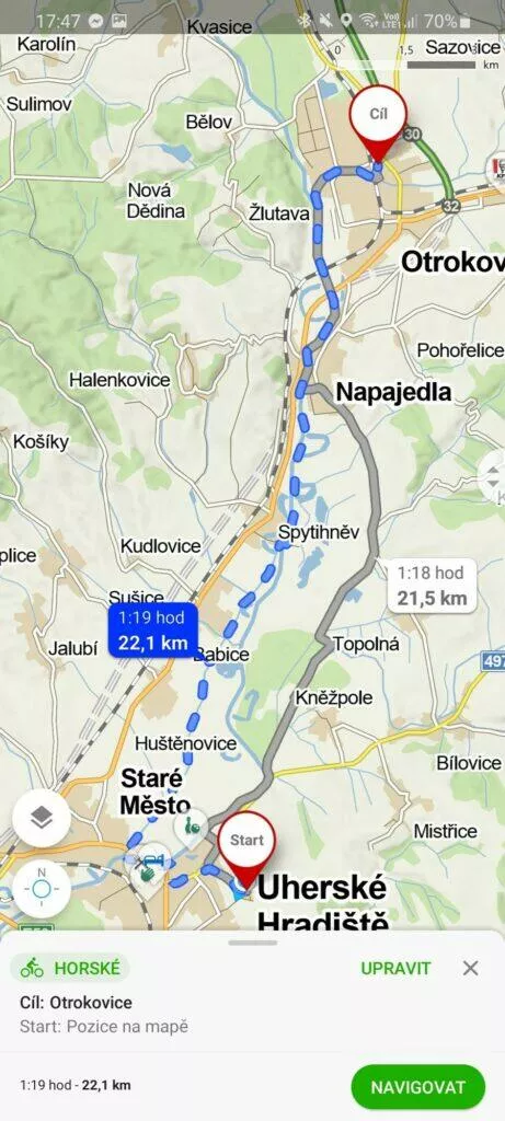 výběr alternativních tras Mapy.cz aplikace kolo