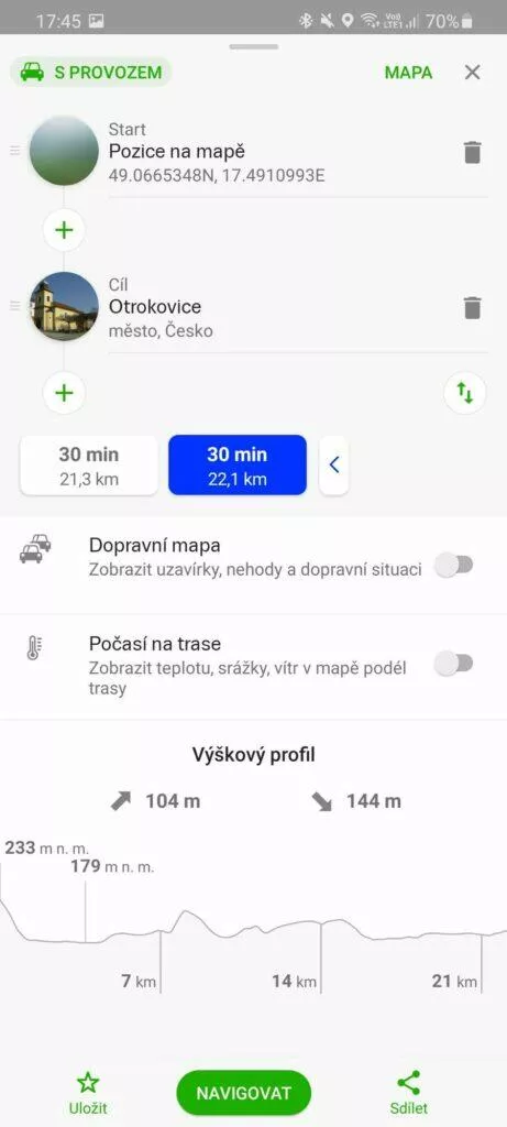 výběr alternativních tras Mapy.cz možnost B