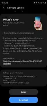 aktualizace samsung galaxy s20 fe