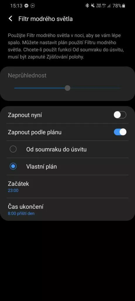 modré světlo mobil filtr nastavení