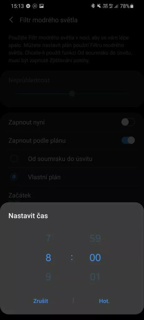 filtr nastavení čas