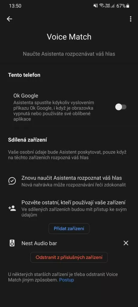 Google Home Voice Match nastavení