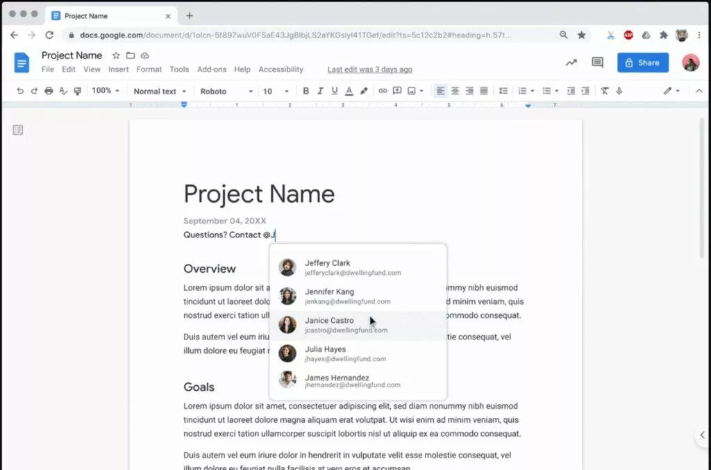 označování uživatelů v Google Dokumentech zmínka