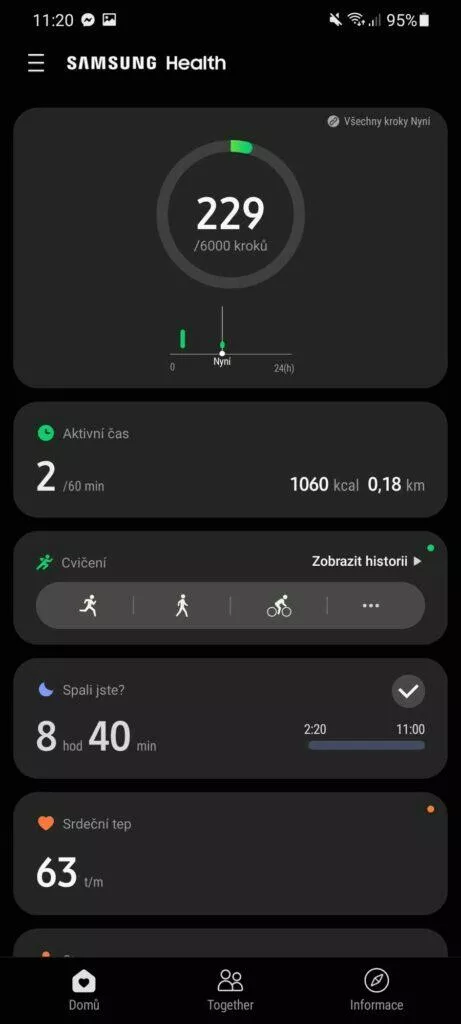 Samsung Health hlavní stránka