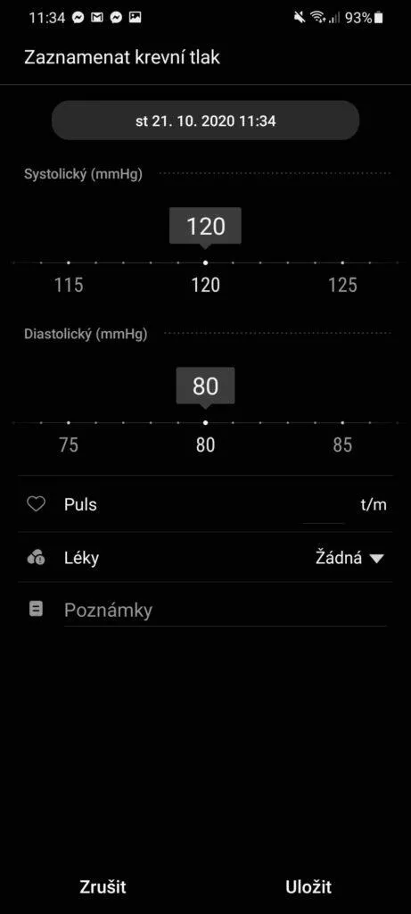 Samsung Health krevní tlak záznam