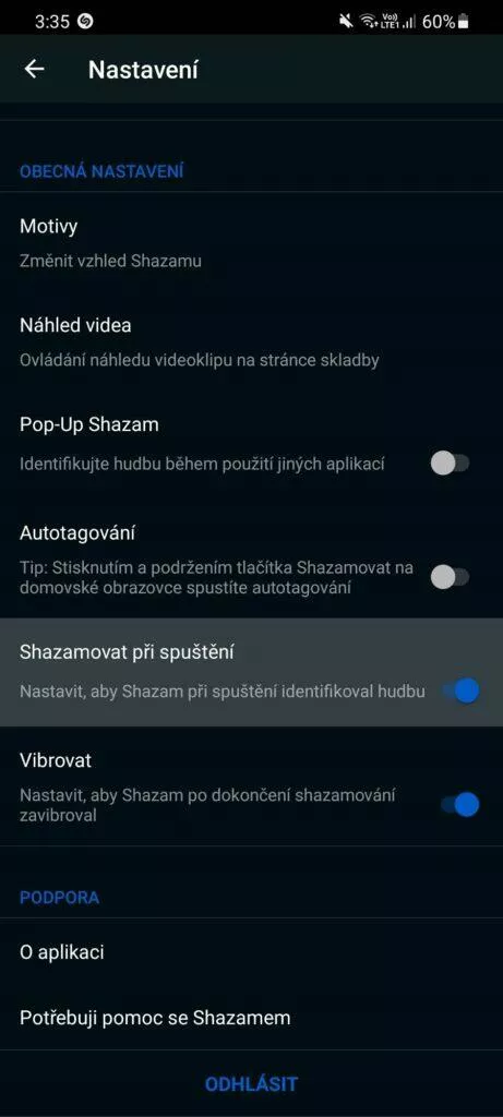 Shazam analyzování po spuštění přepínač