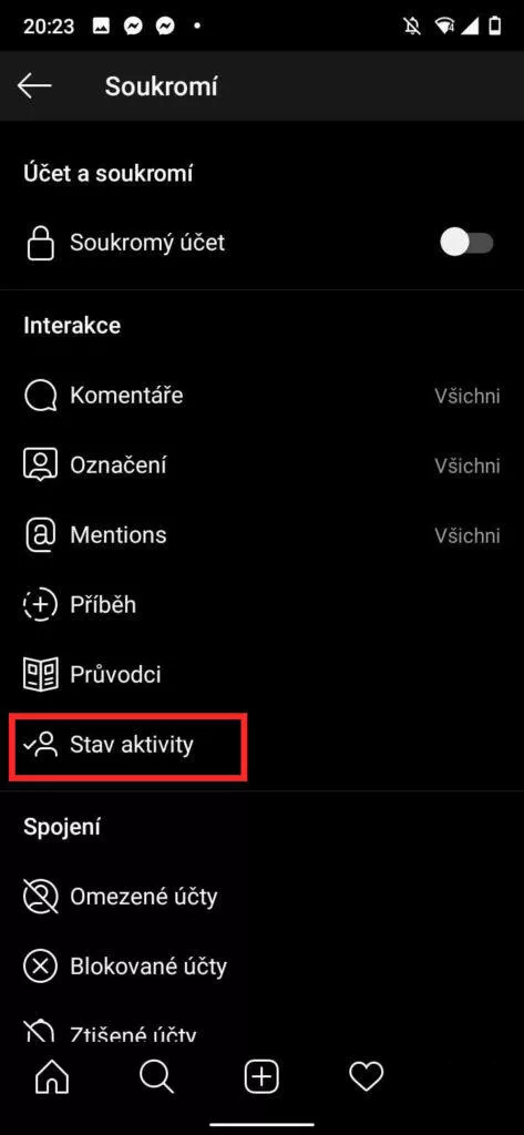 zobrazení stavu aktivity insta