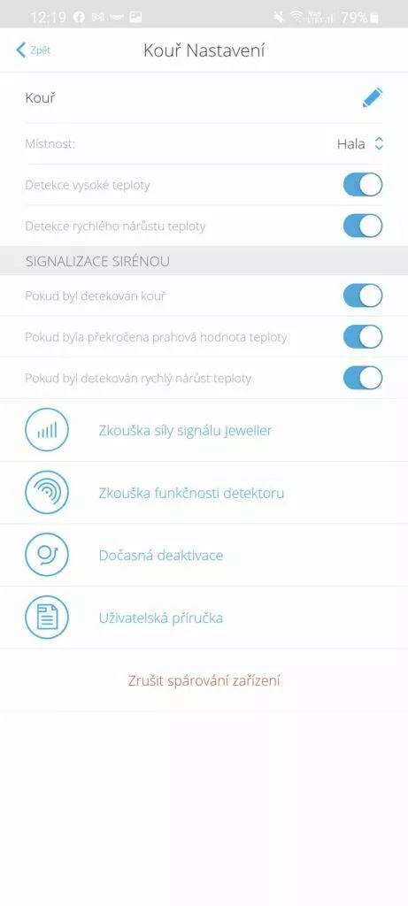 aplikace AJAX Security System požární hlásič nastavení