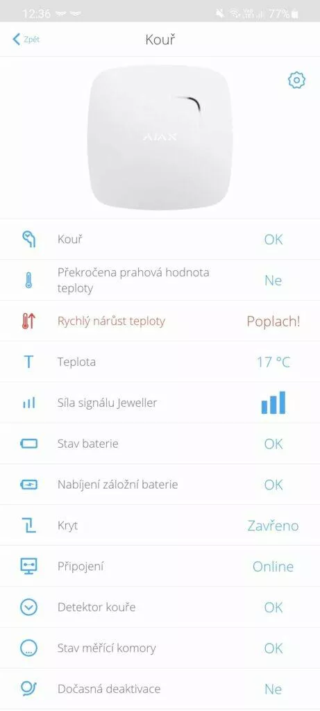 aplikace AJAX Security System požární hlásič poplach teplota
